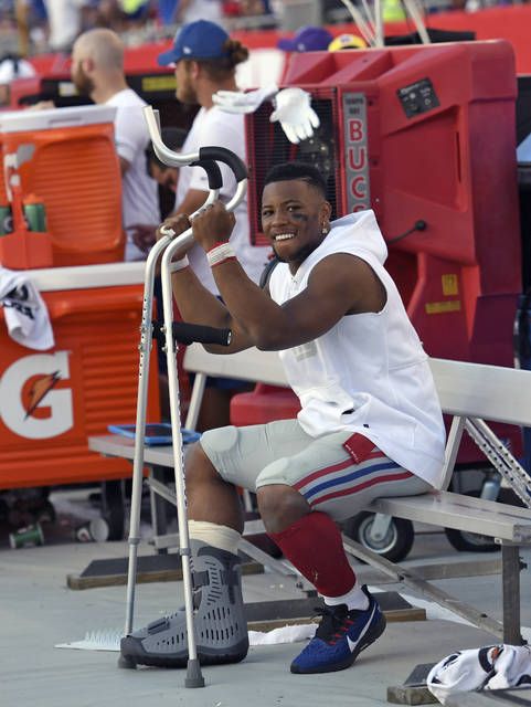 New York Giants running back Saquon Barkley says he has a high ankle sprain