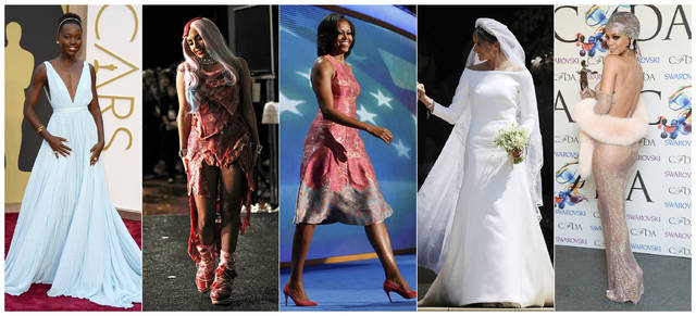 This combination photo shows, from left, Lupita Nyong'o at the Oscars in Los Angeles on March 2, 2014, singer Lady Gaga  wearing a dress made of meat at the MTV Video Music Awards in Los Angeles on Sept. 12, 2010, first lady Michelle Obama wearing a Tracy Reese dress at the Democratic National Convention in Charlotte, N.C. on Sept. 4, 2012, Meghan Markle at St George's Chapel at Windsor Castle in Windsor, near London, England, following her wedding to Britain's Prince Harry, and Fashion Icon Award honoree Rihanna at the 2014 CFDA Fashion Awards in New York on June 2, 2014. (AP Photo)