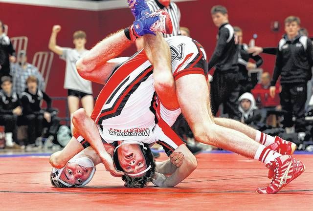 
			
				                                Hazleton Area’s Johnny Corra (left) rides Delaware Valley’s Connor Crescimanno during the 113-pound bout in the District 2 Class 3A Duals Championship held Saturday at Pittston Area High School. Crescimanno won by fall to help turn the match toward the Warriors.
                                 Fred Adams | For Times Leader

			
		