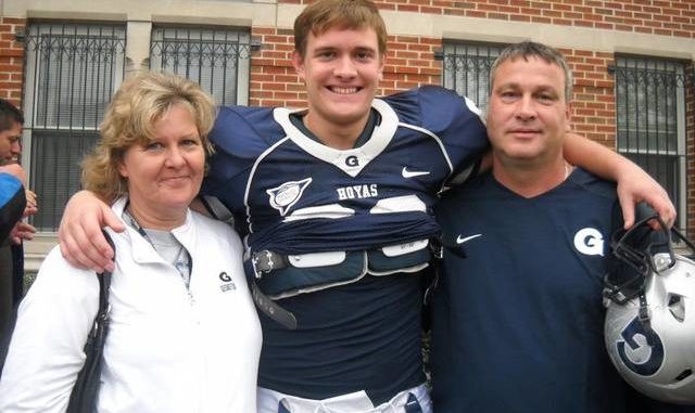 
			
				                                Kevin Bond is seen with his parents, Birgit and Kevin Bond Sr. when he played football at Georgetown University. Bond, a former standout football player at Wyoming Valley West High School, is awaiting a liver transplant after his liver shut down due to an extremely rare genetic disease.
                                 Photo via Facebook

			
		
