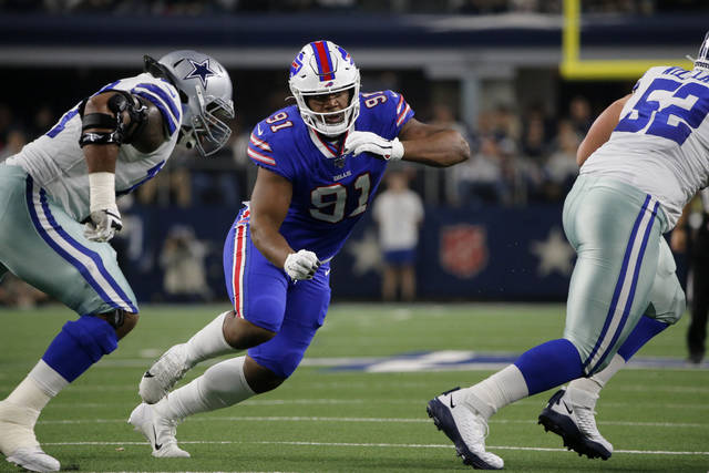 <p>This Nov. 28, 2019, file photo shows Dallas Cowboys’ Tyron Smith, left, and Buffalo Bills defensive tackle Ed Oliver (91) facing off during an NFL football game in Arlington, Texas. Oliver was arrested Saturday by police in the Houston area and charged with drunk driving and illegally carrying a gun. Montgomery County sheriff’s deputies pulled Oliver over after receiving reports around 9 p.m. of someone driving recklessly in a construction area north of the city, local media outlets reported, citing jail and police records and statements from sheriff’s officials.</p> <p>AP photo</p>