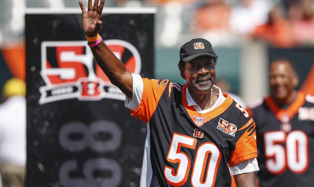  In a Sunday, Sept. 10, 2017, file photo, former Cincinnati Bengals cornerback Ken Riley waves to the crowd during a halftime 50th anniversary ceremony of an NFL football game against the Baltimore Ravens, in Cincinnati. Former Cincinnati Bengals standout Ken Riley, who was later a head coach and athletic director at his alma mater Florida A&M, died Sunday, the university announced. He was 72. AP photo 