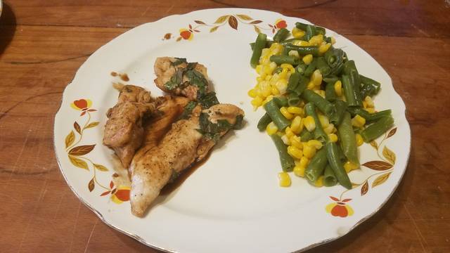 <p>This chicken is open to many presentations. I’ve done it on rice. The allrecipes.com website pictures it with asparagus and tomato slices. Potatoes would work well. Here I went to an old standby, some frozen green beans and corn, steamed and lightly seasoned to your taste (salt and butter, here).</p> <p>Mark Guydish | Times Leader</p>