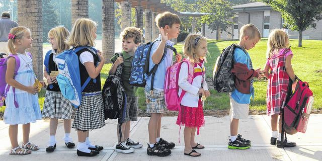 
			
				                                Kindergarten students line up for the first day of school outside Lehman Jackson Elementary in this Times Leader file photo. With the new restrictions and guidance from the state this week related to the COVID-19 pandemic, school is expected to look very different this fall. Most local districts are planning to maintain “social distance between students and/or have them wear face masks.
 
			
		