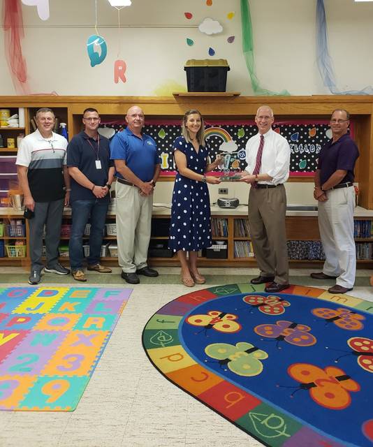 <p>Pictured in the Kane Award presentation at Wyoming Valley West School District’s Third Avenue Elementary School are, from left: Wyoming Valley West School District Representatives Dave Novrocki, Director of Curriculum and Instruction, Anthony Dicton, Coordinator of School Safety, Security, and College/Career Readiness; Joe Luksa, President of WVW Education Association; Stephanie Gover, Elementary School Teacher; Bill Jones, President and CEO, United Way of Wyoming Valley; and Dave Tosh, Superintendent, Wyoming Valley West School District.</p> <p>Submitted photo</p>