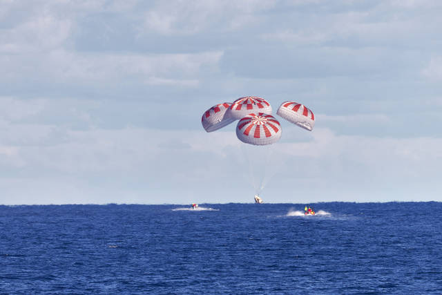 <p>The SpaceX capsule splashes down Sunday, Aug. 2, 2020, in the Gulf of Mexico. Astronauts Doug Hurley and Bob Behnken spent a little over two months on the International Space Station. It s the first splashdown in 45 years for NASA astronauts and the first time a private company has ferried people from orbit.</p> <p>Cory Huston | NASA via AP</p>