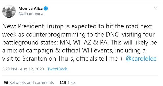 <p>This Tweet from NBC News political reporter Monica Alba indicates that President Donald Trump is planning to visit Scranton next week.</p> <p>Via Twitter</p>