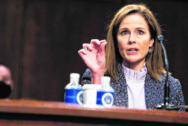 
			
				                                Then-Supreme Court nominee Amy Coney Barrett speaks earlier this month during a confirmation hearing before the Senate Judiciary Committee on Capitol Hill in Washington, D.C. After fierce public debate about a Luzerne County legal filing asking for the recusal of now-Justice Barrett from a case involving ballot-counting deadlines, a council majority voted to withdraw it Tuesday.
                                 AP file photo

			
		