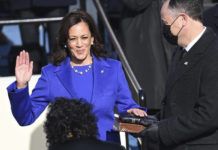 
			
				                                Kamala Harris is sworn in as vice president by Supreme Court Justice Sonia Sotomayor as her husband Doug Emhoff holds the Bible during the 59th Presidential Inauguration at the U.S. Capitol in Washington, Wednesday, Jan. 20, 2021.(Saul Loeb/Pool Photo via AP)
 
			
		