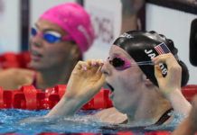 
			
				                                Lydia Jacoby, of the United States, sees the results after winning the final of the women’s 100-meter breaststroke at the 2020 Summer Olympics on Tuesday in Tokyo, Japan.
                                 AP photo

			
		