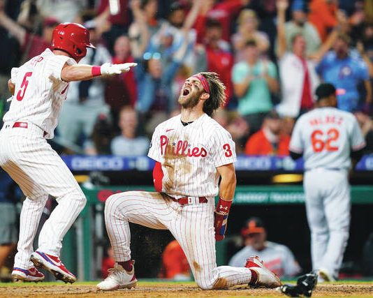 
			
				                                Phillies slugger Bryce Harper (3) won his second career National League MVP award on Thursday and his first since signing as a free agent with Philadelphia.
                                 Matt Slocum | AP file photo

			
		