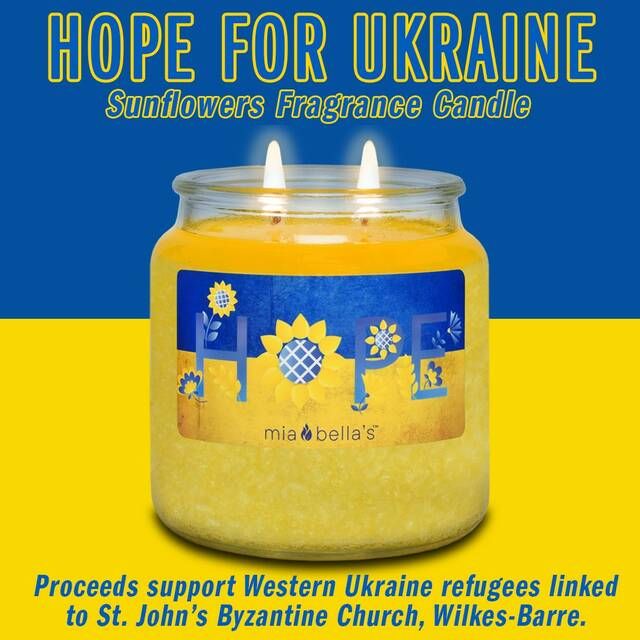 <p>The new bright yellow Mia Bella candle is called “Hope for Ukraine” and its scent is sunflower, the national flower of Ukraine.</p>