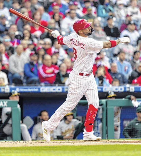 <p>The Philadelphia Phillies’ Nick Castellanos (8) follows through on a two-run home run during the first inning of a game against the Oakland Athletics on Saturday in Philadelphia.</p>
                                 <p>AP photo</p>