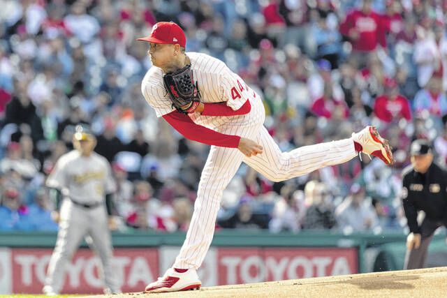 <p>Philadelphia Phillies starting pitcher Kyle Gibson throws a pitch during the first inning of a baseball game against the Oakland Athletics on Saturday in Philadelphia.</p>
                                 <p>AP photo</p>