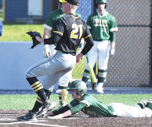 <p>Wyoming Area’s Jack Mathis scores on a passed ball in the third inning Wednesday as Lake-Lehman pitcher Nick Finarelli covers home.</p>
                                 <p>Tony Callaio | For Times Leader</p>