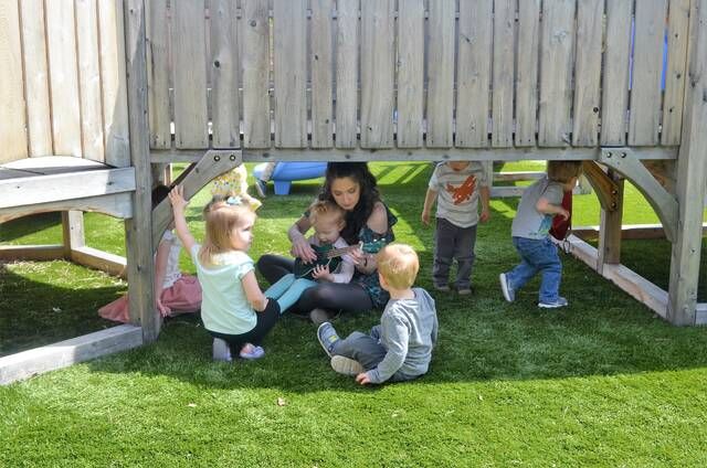 <p>In the shade of playground equipment, teacher Sarah Dombroski guides ‘older toddlers’ in the strumming of a ukulele.</p>
                                 <p>Mark Guydish | Times Leader</p>