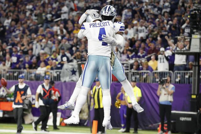 CeeDee Lamb of the Dallas Cowboys celebrates after scoring a