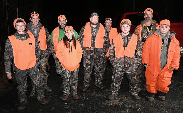 <p>This group of hunters takes a moment to pose for a photo just prior to entering the woods. Front row, left to right: Jesse Herron, Abigail Domoracki, Bobby Booth, Dominic Talaska. Back row: Gene Monahan, Frank Domoracki, Cody Stoss, Gary Thomas, Tony Talaska.</p>
                                 <p>Tony Callaio | For Times Leader</p>