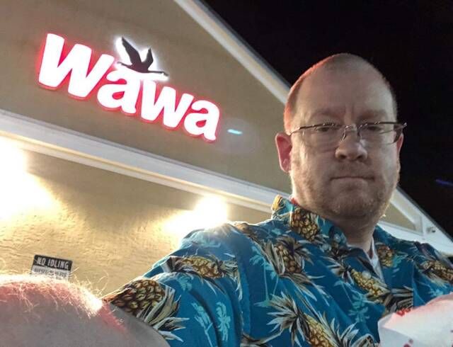 Times Leader News Editor Roger DuPuis, complete with pandemic home-haircut, is seen outside the Wawa store near the I-476/I-80/Route 940 interchange in May 2020, during one of his late night rambles when much else was closed.
                                 Roger DuPuis | Times Leader