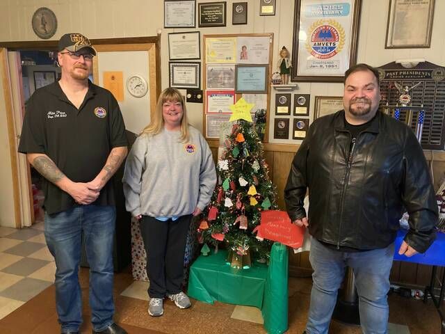 
			
				                                Members of AMVETS Post 59 and the FSB Initiative pose with the Giving Tree, a project designed to collect supplies and necessary items for homeless veterans. From left: Mike Price, Commander, AMVETS Post 59; Tammy Wenger, AMVETS Post 59; Frank Perk, FSB Initiative.
                                 Kevin Carroll | Times Leader

			
		
