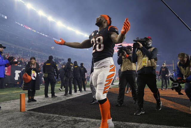 Cincinnati Bengals quarterback Joe Burrow (9) and Sam Hubbard (94)  celebrate after defeating the