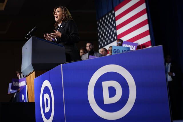 Vice President Kamala Harris speaks at the Democratic National Committee Winter Meeting on Friday in Philadelphia. 
                                 Patrick Semansky | AP photo