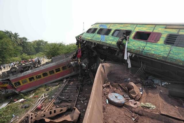 <p>Rescuers work at the site of passenger trains that derailed in Balasore district, in the eastern Indian state of Orissa, on Saturday.</p>
                                 <p>AP photo</p>