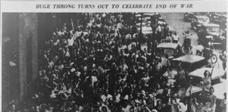 
			
				                                A large crowd paraded around Public Square, Wilkes-Barre, on Aug. 14, 1945. Picture published Wilkes-Barre Record Aug. 15, 1945.
 
			
		