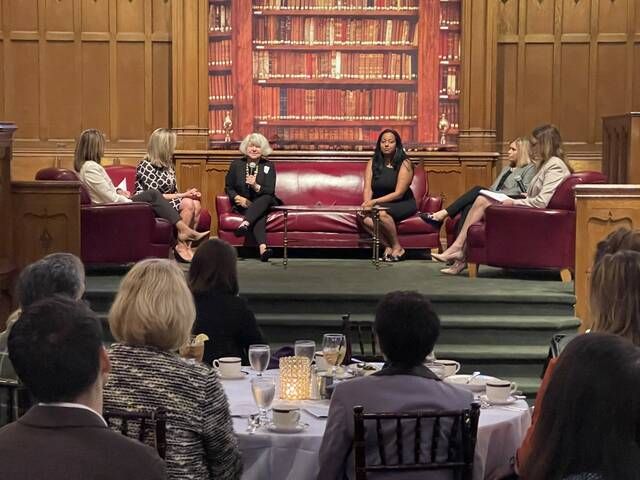 <p>Past ATHENA award winners participated in a panel discussion on Wednesday prior to the announcement of the 2023 recipient. From left: Co-moderator Susan Magnotta of Junior Achievement; past ATHENA winners, Barbara Maculloch, Lissa Bryan-Smith, Zubeen Saeed, and Kathi Bankes; and co-moderator Kerry Miscavage, Times Leader Media Group publisher.</p>
                                 <p>Bill O’Boyle | Times Leader</p>