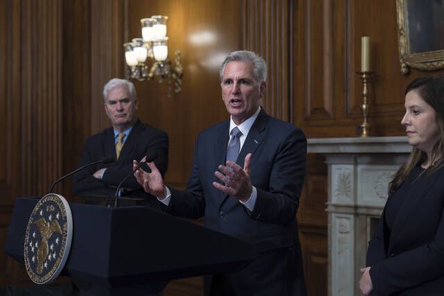 
			
				                                Speaker of the House Kevin McCarthy, R-Calif., flanked by Majority Whip Tom Emmer, R-Minn., left, and Republican Conference Chair Elise Stefanik, R-N.Y., holds a news conference Saturday just after the House approved a bill to keep federal agencies open into November. Senate passage came by an 88-9 vote.
                                 J. Scott Applewhite | AP photo

			
		