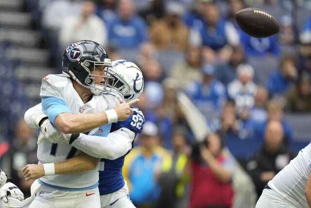 INDIANAPOLIS, IN - OCTOBER 16: Indianapolis Colts helmets sit on