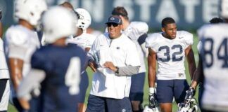 
			
				                                Running backs coach Ja’Juan Seider, center, is splitting offensive coordinator duties down the stretch with tight ends coach Ty Howle after Penn State fired Mike Yurcich on Sunday.
                                 Abby Drey | AP file photo, Centre Daily Times

			
		