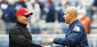 
			
				                                Penn State’s James Franklin, right, shakes hands with Indiana’s Tom Allen before their first meeting as head coaches. Allen’s hire as Franklin’s new defensive coordinator was formally approved on Tuesday. 
                                 Chris Knight | AP file photo

			
		