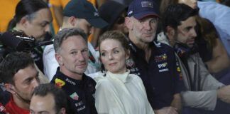 
			
				                                Red Bull team principal Christian Horner is flanked by his wife Geri Alliwell after the Formula One Saudi Arabian Grand Prix at the Jeddah Corniche Circuit, in Jedda, Saudi Arabia, earlier this month.
                                 AP photo

			
		