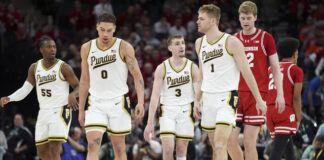 
			
				                                Purdue guard Braden Smith (3) talks with teammates after missing a shot during the second half of an NCAA basketball game against Wisconsin in the semifinal round of the Big Ten Conference tournament on Saturday in Minneapolis.
                                 AP photo

			
		