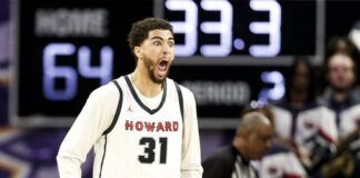 
			
				                                Howard Seth Towns reacts to a foul against Delaware State with less than a minute left in the game. Howard defeated Delaware State 70-67 in the Mid-Eastern Athletic Conference tournament in Norfolk, Va., on Saturday.
                                 AP photo

			
		