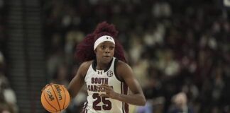 
			
				                                South Carolina guard Raven Johnson brings the ball down court against LSU during the second half of an NCAA basketball game at the Southeastern Conference women’s tournament final earlier this month in Greenville, S.C.
                                 AP photo

			
		