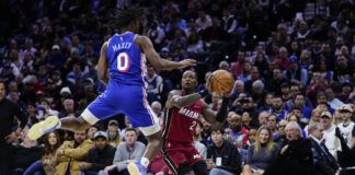 
			
				                                The Miami Heat’s Terry Rozier (2) goes up for a shot against the Philadelphia 76ers’ Tyrese Maxey (0) during the first half of an NBA game Monday in Philadelphia.
                                 AP photo

			
		