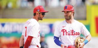 
			
				                                Shortstop Trea Turner, left, first baseman Bryce Harper and the Phillies will have to wait a day to start the season. Their scheduled opener against the Braves was pushed to Friday because of rain in the forecast.
                                 Charlie Neibergall | AP photo

			
		
