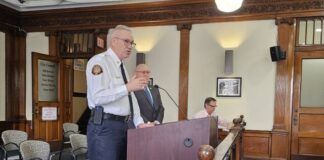 
			
				                                Wilkes-Barre City Fire Chief Jay Delaney, left, speaks during Tuesday’s session as Mayor George Brown looks on.
                                 Hannah Simerson | For Times Leader

			
		