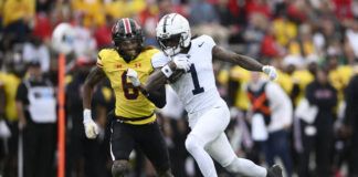 
			
				                                Penn State wide receiver KeAndre Lambert-Smith (1) has reportedly not been with the team in the days leading up to Saturday’s Blue-White Game and may hit the transfer portal next week.
                                 Nick Wass | AP photo

			
		