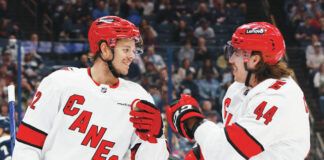 
			
				                                Carolina’s Jesperi Kotkaniemi, left, and Maxime Comtois celebrate a goal in their regular season finale this week. The Hurricanes finished second in the Metropolitan Division but have been installed as narrow betting favorites to win the Stanley Cup.
                                 Jay LaPrete | AP photo

			
		