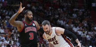 
			
				                                Heat forward Kevin Love (42) drives against Bulls center Andre Drummond (3) during Friday’s play-in game.
                                 Wilfredo Lee | AP photo

			
		