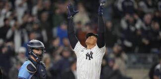 
			
				                                The Yankees’ Juan Soto, right, celebrates as he reaches home plate after hitting a three-run home run during the seventh inning on Friday in New York.
                                 Frank Franklin II | AP photo

			
		
