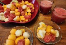 
			
				                                I’ve made similar fruit salads of cantaloupe, honeydew and watermelon many times. The watermelon agua fresca, in the glasses, is a new adventure for me.
 
			
		